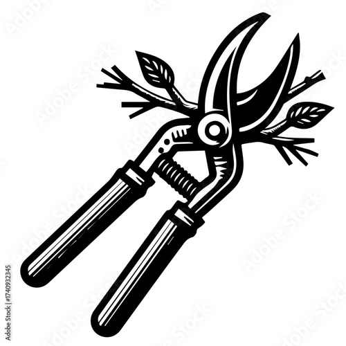 Illustration of pruning shears cutting a branch with leaves in a black and white design style