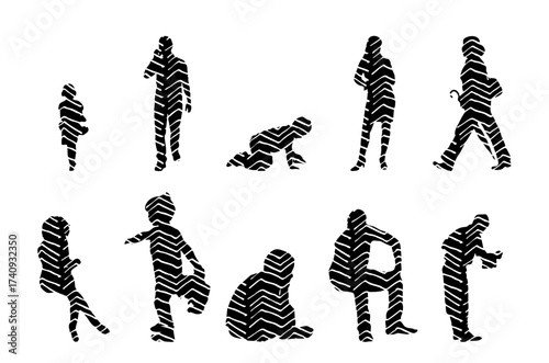 Vector illustration, Outline silhouettes of people, Contour drawing, people silhouette, Icon Set Isolated , Silhouette of sitting people, Architectural set