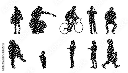 Vector illustration, Outline silhouettes of people, Contour drawing, people silhouette, Icon Set Isolated , Silhouette of sitting people, Architectural set
