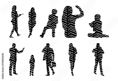 Vector illustration, Outline silhouettes of people, Contour drawing, people silhouette, Icon Set Isolated , Silhouette of sitting people, Architectural set