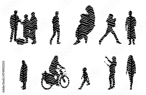 Vector illustration, Outline silhouettes of people, Contour drawing, people silhouette, Icon Set Isolated , Silhouette of sitting people, Architectural set