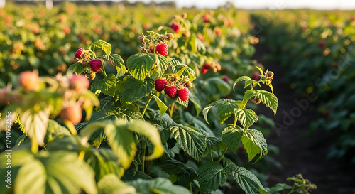 Ripe raspberries on the vine in a field