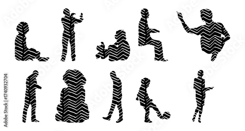 Vector illustration, Outline silhouettes of people, Contour drawing, people silhouette, Icon Set Isolated , Silhouette of sitting people, Architectural set
