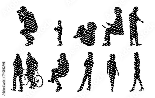Vector illustration, Outline silhouettes of people, Contour drawing, people silhouette, Icon Set Isolated , Silhouette of sitting people, Architectural set