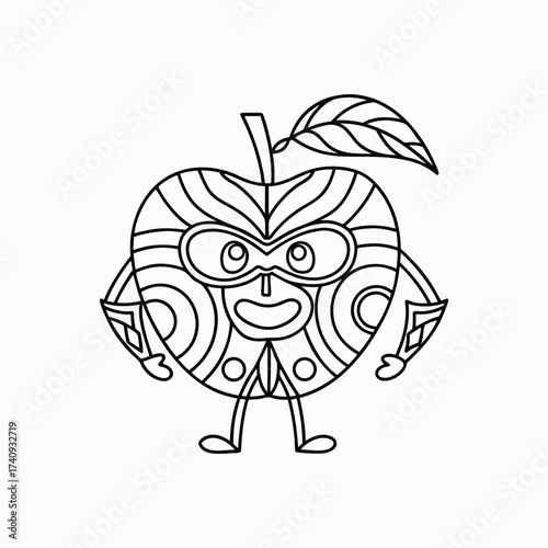 Apple Superhero Cartoon Fruit Outline Cute Funny Character Kids Design Vector Illustration