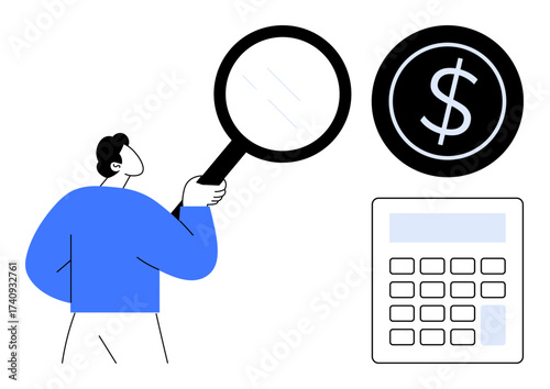 Person holding magnifying glass inspecting dollar sign with a calculator nearby. Ideal for finance, accounting, budgeting, analysis, investment, economic audit, simple flat metaphor