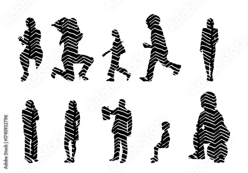 Vector illustration, Outline silhouettes of people, Contour drawing, people silhouette, Icon Set Isolated , Silhouette of sitting people, Architectural set