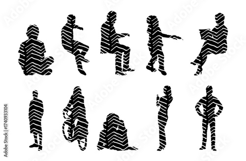 Vector illustration, Outline silhouettes of people, Contour drawing, people silhouette, Icon Set Isolated , Silhouette of sitting people, Architectural set
