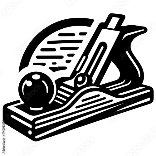 Illustration of a wood planer tool with a circular handle and a curved design in black and white style