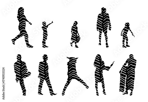 Vector illustration, Outline silhouettes of people, Contour drawing, people silhouette, Icon Set Isolated , Silhouette of sitting people, Architectural set