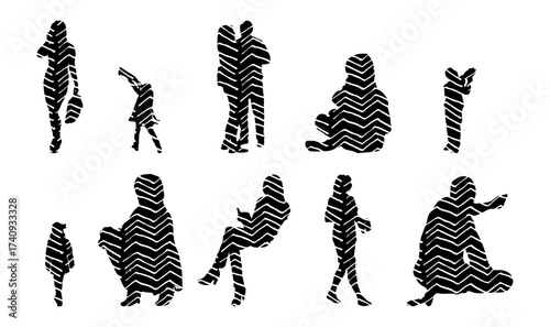 Vector illustration, Outline silhouettes of people, Contour drawing, people silhouette, Icon Set Isolated , Silhouette of sitting people, Architectural set