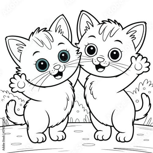 Two cute cartoon kittens waving hello in a black and white line art illustration animal