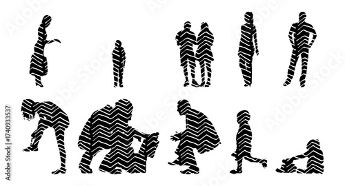 Vector illustration, Outline silhouettes of people, Contour drawing, people silhouette, Icon Set Isolated , Silhouette of sitting people, Architectural set