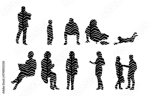 Vector illustration, Outline silhouettes of people, Contour drawing, people silhouette, Icon Set Isolated , Silhouette of sitting people, Architectural set