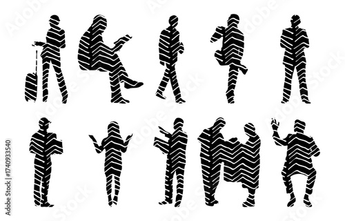 Vector illustration, Outline silhouettes of people, Contour drawing, people silhouette, Icon Set Isolated , Silhouette of sitting people, Architectural set