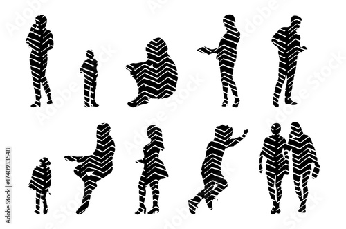 Vector illustration, Outline silhouettes of people, Contour drawing, people silhouette, Icon Set Isolated , Silhouette of sitting people, Architectural set