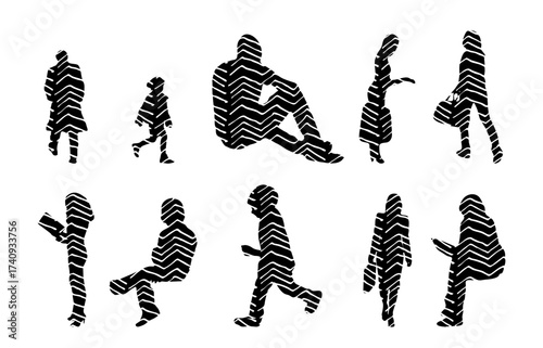 Vector illustration, Outline silhouettes of people, Contour drawing, people silhouette, Icon Set Isolated , Silhouette of sitting people, Architectural set