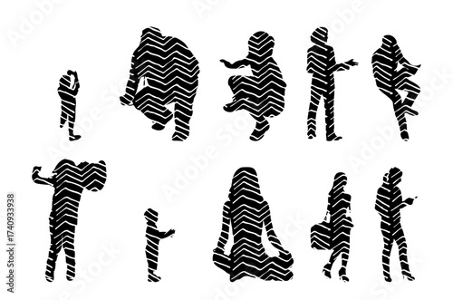 Vector illustration, Outline silhouettes of people, Contour drawing, people silhouette, Icon Set Isolated , Silhouette of sitting people, Architectural set