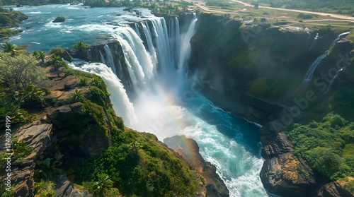 Fototapeta Naklejka Na Ścianę i Meble -  Breathtaking aerial view captures majestic cascading waterfalls and vibrant rainbow illuminating lush green cliffs and turquoise waters below