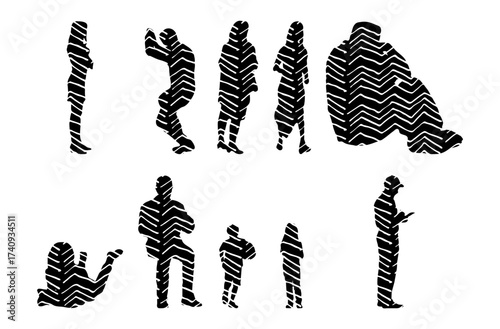 Vector illustration, Outline silhouettes of people, Contour drawing, people silhouette, Icon Set Isolated , Silhouette of sitting people, Architectural set
