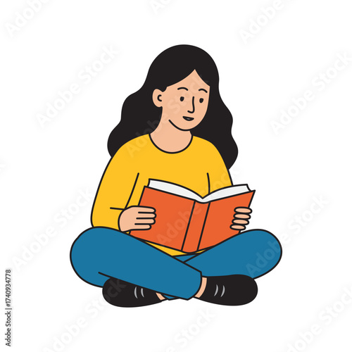 Young woman reading a book sitting. Girl studying or reading