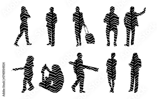 Vector illustration, Outline silhouettes of people, Contour drawing, people silhouette, Icon Set Isolated , Silhouette of sitting people, Architectural set