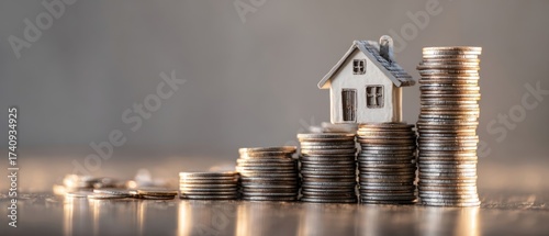 The house standing on stacks of coins representing financial investment growth.