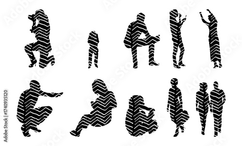 Vector illustration, Outline silhouettes of people, Contour drawing, people silhouette, Icon Set Isolated , Silhouette of sitting people, Architectural set