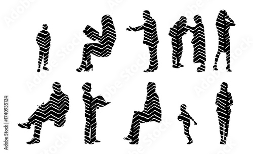 Vector illustration, Outline silhouettes of people, Contour drawing, people silhouette, Icon Set Isolated , Silhouette of sitting people, Architectural set