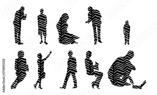 Vector illustration, Outline silhouettes of people, Contour drawing, people silhouette, Icon Set Isolated , Silhouette of sitting people, Architectural set