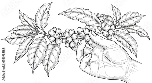 Vector illustration of hand picking ripe coffee cherries from a branch, detailed illustration