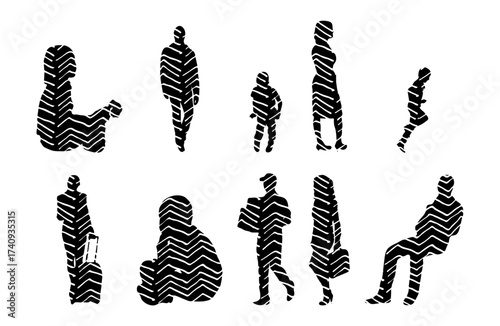 Vector illustration, Outline silhouettes of people, Contour drawing, people silhouette, Icon Set Isolated , Silhouette of sitting people, Architectural set