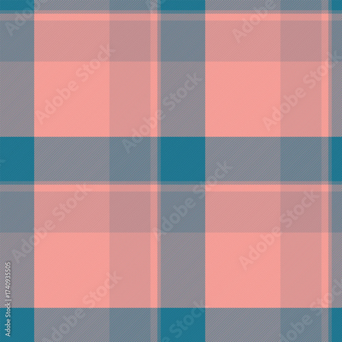 Christmas ornament check background texture, volume vector textile plaid. Silk tartan pattern fabric seamless in red and cyan colors.