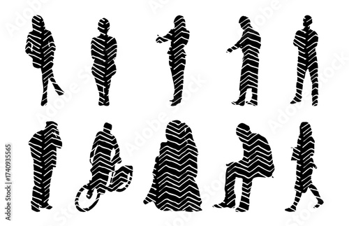 Vector illustration, Outline silhouettes of people, Contour drawing, people silhouette, Icon Set Isolated , Silhouette of sitting people, Architectural set