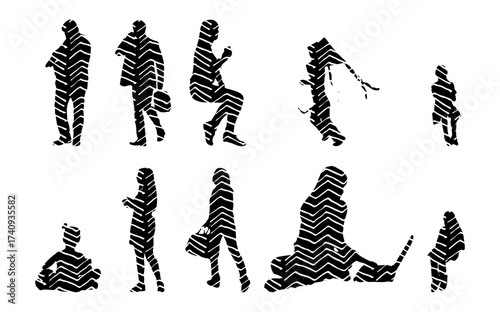 Vector illustration, Outline silhouettes of people, Contour drawing, people silhouette, Icon Set Isolated , Silhouette of sitting people, Architectural set