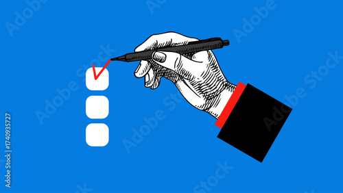 Sketch hand with pen marking red check. Modern trendy collage concept of task completion, planning, organization, productivity, business strategy. Retro hand drawn vector illustration.