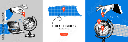 Modern trendy collage concept of growing business worldwide, international connection, global trade, logistics. Retro sketch hand drawn vector illustration.