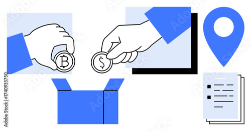 Hands contributing Bitcoin and dollar coins into an open box. Includes location marker, document, and abstract shapes. Ideal for crowdfunding, donation, finance, blockchain, investment