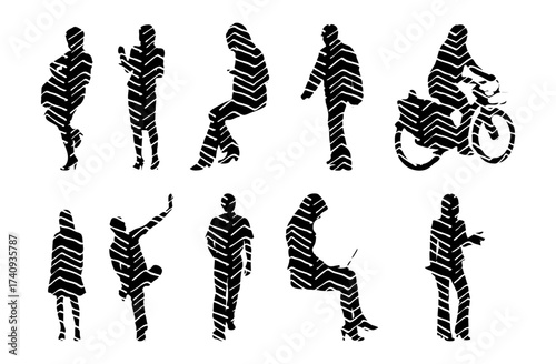 Vector illustration, Outline silhouettes of people, Contour drawing, people silhouette, Icon Set Isolated , Silhouette of sitting people, Architectural set