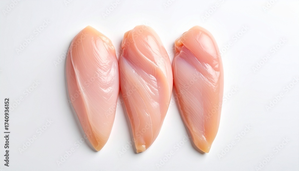 Fototapeta premium Three raw, skinless chicken breasts with smooth glossy texture and light pink color, placed side by side on white surface, showcasing freshness and culinary preparation.
