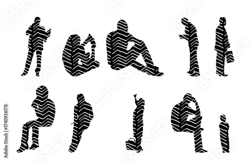 Vector illustration, Outline silhouettes of people, Contour drawing, people silhouette, Icon Set Isolated , Silhouette of sitting people, Architectural set