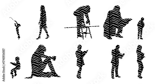 Vector illustration, Outline silhouettes of people, Contour drawing, people silhouette, Icon Set Isolated , Silhouette of sitting people, Architectural set