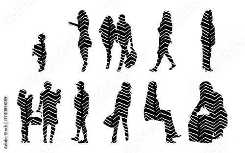 Vector illustration, Outline silhouettes of people, Contour drawing, people silhouette, Icon Set Isolated , Silhouette of sitting people, Architectural set