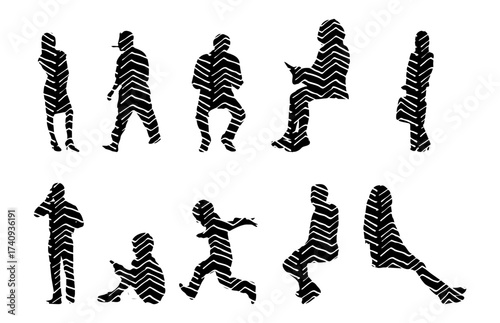 Vector illustration, Outline silhouettes of people, Contour drawing, people silhouette, Icon Set Isolated , Silhouette of sitting people, Architectural set