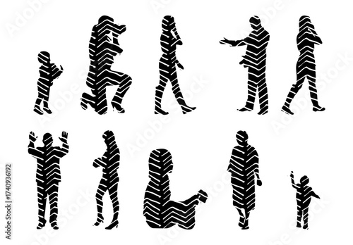 Vector illustration, Outline silhouettes of people, Contour drawing, people silhouette, Icon Set Isolated , Silhouette of sitting people, Architectural set