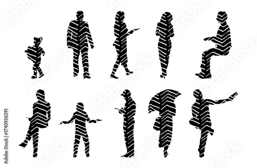 Vector illustration, Outline silhouettes of people, Contour drawing, people silhouette, Icon Set Isolated , Silhouette of sitting people, Architectural set