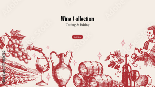 Hand drawn vintage wine banner with sketch illustrations. Isolated vector background.