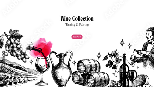 Hand drawn vintage wine banner with sketch illustrations. Isolated vector background.
