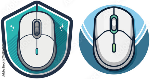 Computer mouse icons with blue shield and round background representing digital navigation and input control