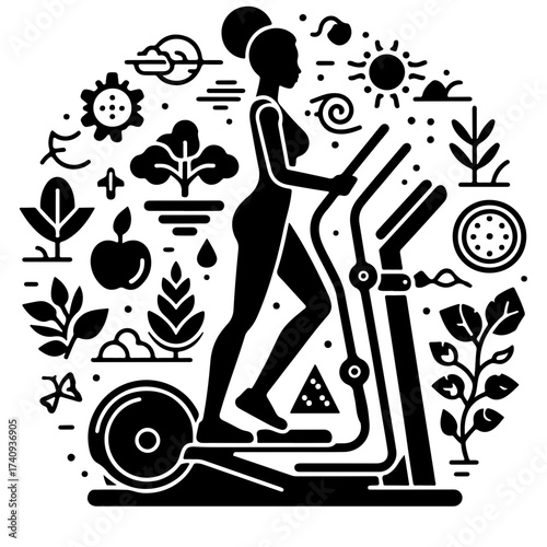 Silhouette of a woman exercising on an elliptical machine surrounded by health and nature icons